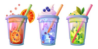 Tea with bubble, fruits and straw. Cartoon vector illustration set of cold drink in plastic cup with ice and balls. Cool summer beverage with orange, milk with berries and green with mint leaves. clipart