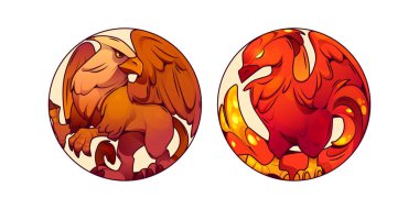 Kartal ve Anka kuşu logo ve maskot sembolü konsepti için daireler çiziyor. Yuvarlak şekilli bir çizgi film vektör çizimi. Oyunun tasarımı ya da avatarı için fantezi hayvan. Gryphon ve Fenix amblemi.