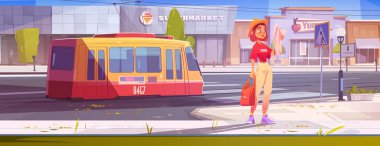 Kadın şehirde harita ve tramvay taşımacılığı illüstrasyonuyla geziyor. Kız karakter ve şehir merkezinde bir tren yolu aracı. Tramvay konsept sahnesiyle genç turistlerin şehri keşfetmesi için macera planı