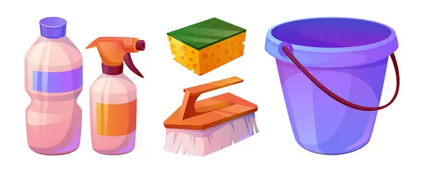Home Cleaning Instruments Detergents Set Isolated White Background Vector Cartoon Διανυσματικά Γραφικά