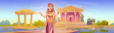 Ancient Greek temple with goddess vector background. Roman monument building and beautiful female god. Fantasy mythology parthenon landscape illustration. Road to mythical heaven archeology symbol clipart