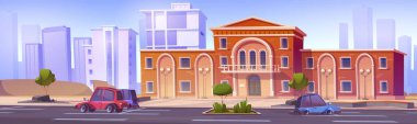 Şehirdeki yönetim binasının yakınına park edilmiş arabalar. Klasik stil okulu, müze, üniversite evi, yoldaki otomobiller, mavi gökyüzü arka planındaki modern şehir manzarası siluetlerinin vektör çizimi