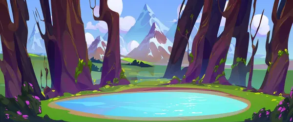 Lake Forest Mountains Background Cartoon Spring Summer Vector Landscape Water Royalty Free Διανύσματα Αρχείου