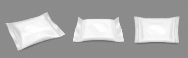 Beyaz ıslak mendil modeli. Boş kese maketi şablonu. Bebek ya da kozmetik doku için 3D plastik poşet. Reklam için izole edilmiş yüz hijyeni ve antibakteriyel kağıt peçete sunumu.