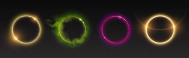 Halo ışık efektleri şeffaf arkaplanda izole edildi. Neon sarısı, yeşil, pembe halkaların karanlıkta parlayan, gaz bulutunda dönen yuvarlak enerjinin, parıldayan parçacıkların gerçekçi temsili.