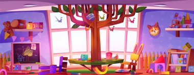 Dağınık anaokulu çizgi film geçmişi. Çocuk oyunundan sonra anaokulu sınıfında kaos. Montessori çocuk yuvası eğitiminden sonra dağınık mobilyalarla anaokulu içi.