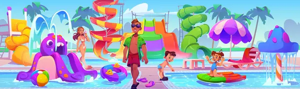People Waterpark Water Pools Slides Cartoon Vector Man Woman Children Royalty Free Εικονογραφήσεις Αρχείου