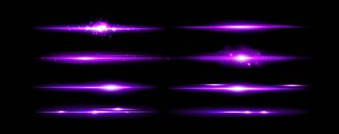 Mor ışık çizgileri siyah arkaplanda izole edildi. Duman, ışıltı ve parıldayan parçacıklar, sihirli parıltı ayırıcı, parlak sınır elementi ile neon ışıltısının vektör gerçekçi çizimi
