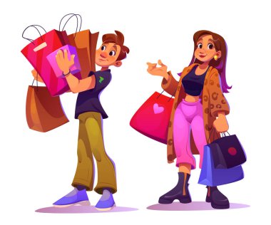 Alışveriş merkezinden sonra alıcı karakter. Süpermarket çantalı mutlu kadın alışverişçisi. Pazarda paket ve satın alma hediyesi taşıyan tüketici olarak aile illüstrasyonu. Heyecanlı adam çantaları izole ediyor.