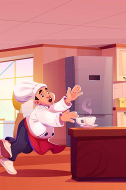 Lokanta mutfağında bir fincan kahveyle şef. Profesyonel karakter çalışanı 2D modern grafik odasında. Kafeteryada masa servisi yapan ve şapkalı bir adam. Yemek hazırlığı.