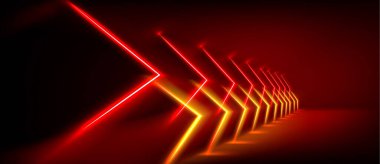 Soyut kırmızı neon ışık oku hız arkaplanı. Sancak için fütürist ışıltı teknolojisi oyuncu grafiği. Sarı kirişli hızlı siber kumarhane tasarımı. 3d üçgen perspektif dijital parti bg.