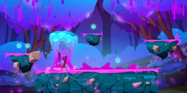 Uzaylı uzay manzaralı fantezi oyunu. Gece evreninde atlamak için yüzen kaya platformlu fantastik bir gezegen sahnesi. Fütürist 2d dış oyun alanı çevre duvar kağıdı