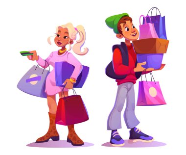 Alışveriş torbaları ve kutuları olan erkek ve kadın alışveriş merkezi alıcısı karakterleri. Kadın ve erkeğin dükkandan ürün ve hediye satın aldığı karikatür çizimleri. Kağıt paketler taşıyan pazar müşterisi.