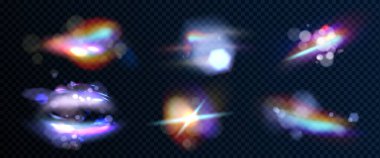 Şeffaf bg üzerinde üstüste efektli parlak elmas ışığı. Gökkuşağı kristali ya da cam spektrumlu gerçekçi vektör çizimi parıltı kırılma dokusu, parıltı ve çizgiler..