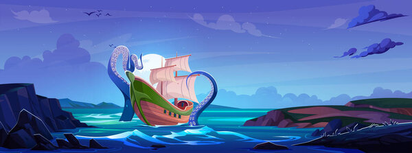 Парусник в море с фантазией kraken щупальца ночью. Монстр осьминог разбивает корабль в океане. Векторная иллюстрация большого мифа о подводном существе, нападающем на парусник.