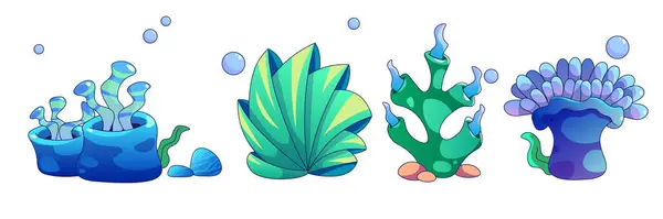 Seaweed Coral Bubbles Cute Cartoon Vector Illustration Set Sea Ocean Ilustraciones De Stock Sin Royalties Gratis