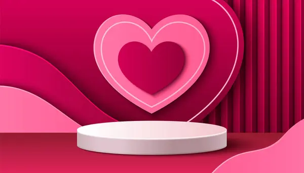 Podium Heart Shape Decoration Red Background Vector Realistic Illustration Love Vector De Stock