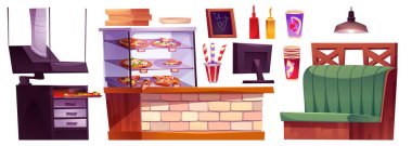 Pizza restoranı tasarım elementleri beyaz arka planda izole edildi. Fırının vektör karikatür çizimi, cam ekranda İtalyan fast food kasası, teslimat servisi için kağıt bardak ve kutular.