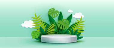 3D kağıt yeşil yaprak ürün podyumu. Bahçe sahnesinde gösteriş platformu olan yaz yaprakları ve bitkiler. Satış promosyonu için kozmetik kaidesi. Taze modern çevre reklam arkaplanı