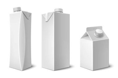 Süt ya da kapaklı meyve suyu paketi. Gerçekçi 3d vektör modelleme seti. İçecekler için kapağı olan boş beyaz karton paket. Sıvı ürün için boş karton kap. Bakkal tetra paket şablonu.