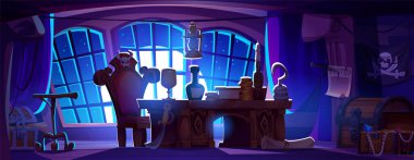 İçerideki korsan kulübesinde geceleri gemide hazine var. Kaptan masası, göğsü ve romu olan eski ahşap güverte odası Corsair macera ortamı için. Korsan antika bir yer.