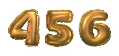 Beyaz arka planda izole edilmiş altın hava balonu figürleri. Şişirilebilir sarı folyo, dört, beş, altı numara koleksiyonu, doğum günü partisi tasarım unsurları, indirimli satış