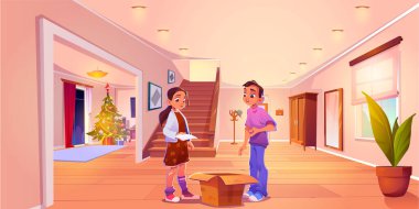 Kız ve erkek çocuklar açık duran karton kutuları teslim ettiler. Evin içinde, içinde Noel ağacı vardı. Karton paketli çocukların çizgi film vektör çizimi.