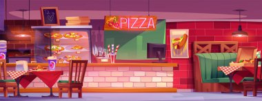 Pizzacının içi. İtalyan kafe arka planı. İçinde masa, sandalye, neon tabela ve tuğla duvar dekoru olan pizzacı dükkânı. Ahşap tezgahı ve rahat salon tasarımı olan boş fast food restoranı.