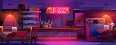 Pizza restoranının iç mekanı gece karikatürü. Yemek masası, neon ışıklı tabela ve tuğla duvar tasarımı olan bir pizzacı. Modern salon mobilyaları ve fast food çizimleri için boş bir vitrin.