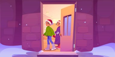 Noel Baba şapkalı çocuklar kış tatili akşamında açık kapı bırakırlar. Tatlı erkek ve kız karakterlerin sundurmadan bahçeye bakan vektör çizgi film çizimi, Noel arifesinde karlı hava