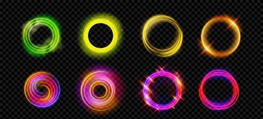 Neon ışığı soyut sihirli halo halkası üzerinde ışıldıyor. 3D fütüristik dairesel çerçeve kırmızı, pembe, yeşil ve sarı. Elektrik ışını ve daire aurası şeffaf arkaplanda izole edilmiş. Fantezi küre deliği
