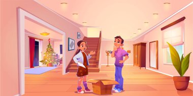 Evde Noel hediyelerinin listesini yapan bir çift. Evin koridorundaki karton kutunun yanında duran, Noel ağacını süsleyen ve oturma odasında hediyeler veren düşünceli genç adam ve kadının vektör çizimi.