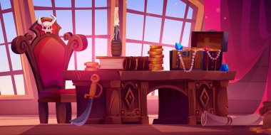 Korsan gemi kabin iç tasarımı. Büyük pencereli eski ahşap odanın vektör çizimi, kafataslı eski ahşap koltuk, değerli taşlı hazine sandığı, altın sikkeler, antika kitap