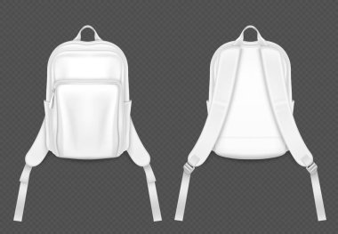Beyaz 3D okul ya da spor sırt çantası model vektörü. Askılı gerçekçi tasarımı olan öğrenci çantası izole edilmiş. Fermuar kırpma şablonu ayarlı boş paket. Günlük ön ve arka tekstil çantası