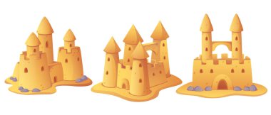 Kumdan kale heykelleri beyaz arka planda izole edilmiş. Sahilde kulesi olan ortaçağ kalesinin vektör çizimi, taş süsleme, çocukluk eğlencesi, yaz tatili sembolü, tatil beldesi