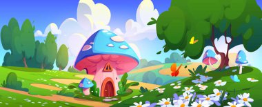 Peri elfi ya da ormandaki yeşil çimenler, papatya çiçekleri ve kelebeklerle otlaktaki mantardan yapılmış küçük hayvan evi. Fantezi mantarlı, kapısı ve penceresi olan karikatür vektör yaz günü manzarası