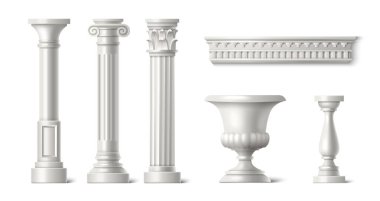 3D Roma sütunu. Beyaz Yunan mermer sütun vektörü. Roma tapınağı mimarisi gerçekçi heykel sanat tasarımını izole etti. Doric sütunları ve süslü balya dekorasyonu. Barok italyan pilar