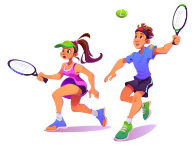 Tennis player male and female character with racket and ball. Cartoon vector illustration set of man and woman training or playing on tournament with racquet. Sport athlete activity and exercise.