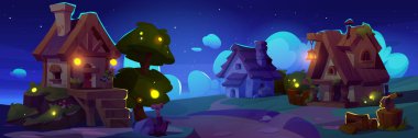 Fairytale village with houses, trees and rural elements at night. Cartoon vector dark dusk cute fantasy fairy medieval farm landscape with cottages made from stone and wood, trees and lanterns.