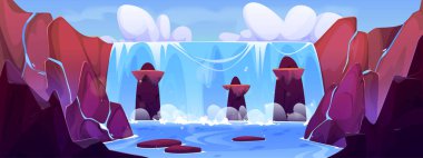 Mountain waterfall landscape vector background. Water fall cascade and river nature graphic drawing. Fantasy Niagara banner for game scene. Beautiful liquid flow and natural splash with foam design.