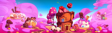 Candy land background. Vector cartoon illustration of dessert landscape with biscuit cakes decorated with chocolate, icing, strawberry and cherry, caramel lollipops, confectionery world in pink clouds