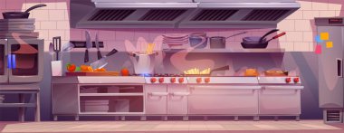 Commercial kitchen interior in restaurant for chef illustration. Professional cooking equipment with counter and modern furniture 2d background. Cafe serve room and dinner preparation process.