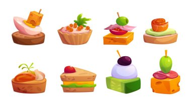 Buffet finger food appetizer - canape and sandwich, bruschetta and tartlets. Cartoon vector illustration set of little cold snacks for banquet with bread and cheese, olive and ham, vegetable and fish.