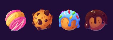 Candy game planet for magic space icon cartoon. Fantasy cake ball for yummy chocolate world. Dessert universe design with sweet sphere orbit concept. Crazy confectionery bubble for funny kids app