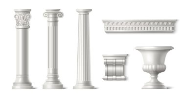 Ancient roman column, stone pillar and vase. Realistic 3d vector illustration set of white antique greek marble temple building elements. Grecian baroque palace sculpture entrance or interior objects.