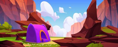 Mountain camp with tent on rock. Vector cartoon illustration of summer campsite in canyon, green grass, moss and flowers on rocky stones, weekend travel adventure scene, white clouds in sunny blue sky