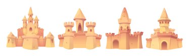 Yaz sahili karikatür çizimi için kumdan kale. İzole edilmiş kumdan kale heykeli çizimi. Tatildeki çocuk aktiviteleri için deniz kenarı kulesi. Sarı çocuk sarayı nesne klip tasarımı seti