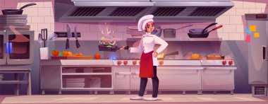 Üniformalı kadın şef ve restoran mutfağında yemek pişiren şapka. Mobilya, ekipman ve çatal bıçaklarla dolu bir çizgi film mutfağı. Kadın tencere, profesyonel kafe mutfağında yemek hazırlar..