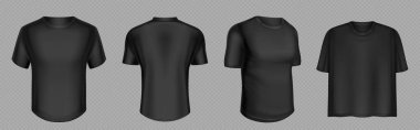 Siyah t-shirt model vektörü. Ön ve arka boş t-shirt şablonu tasarım modeli. Erkek kısa kollu spor üniforması 3D tecrit seti. Genç vücut modeli için kumaş giyim nesnesi. Büyük boy unisex moda.