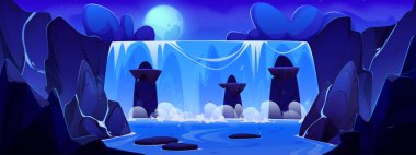 Gece şelalesi manzarası. Vektör çizgi film illüstrasyon nehri dağdan aşağı düşüyor göl taşları, dolunay ve bulutlu gökyüzünde parlayan yıldızlar, kayalık manzara, güzel gece yarısı manzarası.